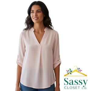 LUSH Soft Pink Oversized Blouse V Neck 3/4 Button Tab Sleeve Hem Size M EUC